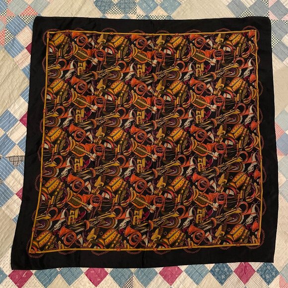 Vintage 80s Ann Taylor Silk Scarf Hand Rolled Equestrian Theme Horns Preppy - Picture 2 of 13